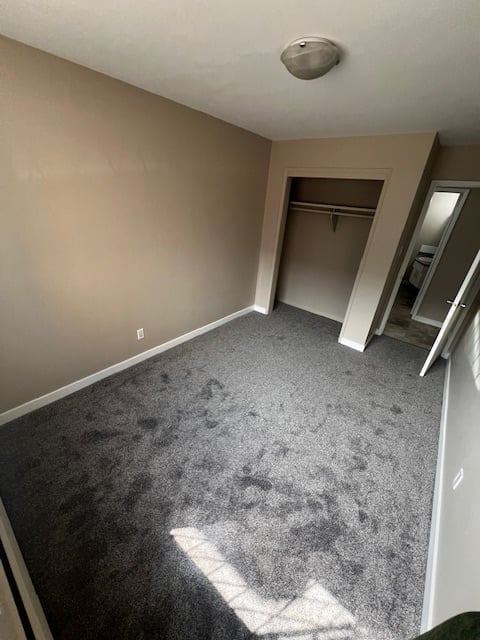 Empty bedroom with beige walls, gray carpeting, an open closet, and white ceiling with light fixture